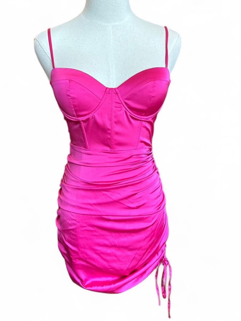 *NWT* OH POLLY Bright Pink Bodycon Dress Ruched Detail, Molded Cup, Zip — 4
